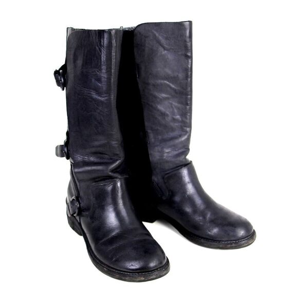 Trouve BLACK GENUINE LEATHER LOW HEEL PULL ON STRAP BUCKLE ROUND TOE BOOTS 6.5B - Picture 1 of 11